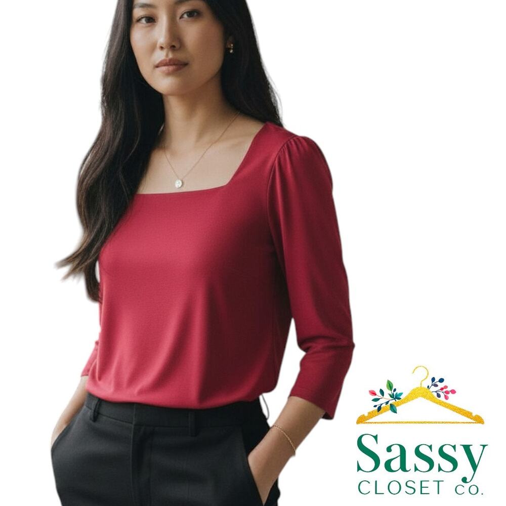 Ann Taylor Pink Square Neck Top Romantic Professional Workwear Size M